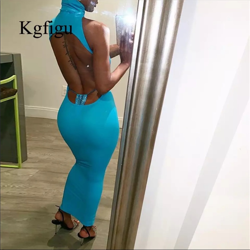 Blue backless spandex dress worn once